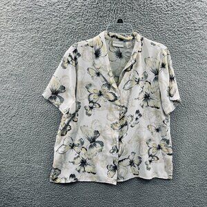 Alfred Dunner Womens Top 16 Cream Yellow Butterfly Print‎ Button Front Shirt